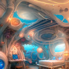 Underwater-themed room with coral structures, marine life illustrations, and serene lighting