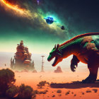 Futuristic sci-fi landscape with dinosaur-like creature, buildings, spaceships, under alien sky