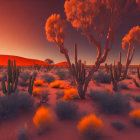 Desert sunset scene with silhouetted cacti and trees against red-orange sky.