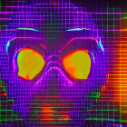 Neon grid digital art with wireframe head on spectrum background