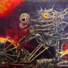 Skeletal figures on motorcycle in flames on abstract background