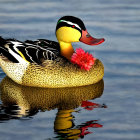 Colorful Duck Illustration with Intricate Patterns and Pink Water Lily