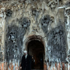 Person in Dark Clothing Walking Through Tunnel with Skull-like Formations