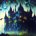 Gothic castle silhouette under full moon with bats and foggy landscape