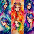 Vibrant digital artwork: Six stylized female figures with floral adornments on abstract backgrounds