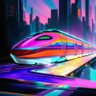 Futuristic neon-lit maglev train in cyberpunk cityscape