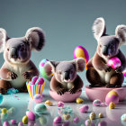 Three Koalas with Easter Eggs on Teal Background