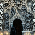 Gothic archway with skulls, cloaked figure, torches, and lantern.
