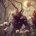 Fantasy creature with multiple eyes and mouths in misty forest with vibrant flowers