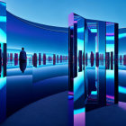 Futuristic interior with reflective columns and blue lighting