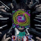 Colorful surreal painting featuring man's face and shadowy figures with guns