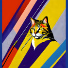 Vibrant cat illustration on geometric background with colorful stripes