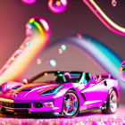Colorful surreal scene: pink Corvette, rainbow, bubbles, glittering pink ground