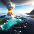 Active volcano spewing smoke and lava over coastal landscape