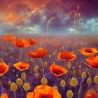 Vivid red poppies in dramatic sunset field with golden swirling stems