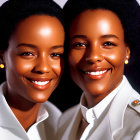 Identical twin women in white shirts smiling against dark background