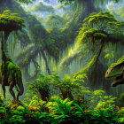 Lush Green Rainforest with Dragon-Like Creature in Foliage