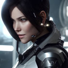 Female character with short black hair in futuristic armor against industrial backdrop.