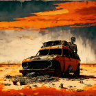 Abandoned orange car with rooftop cargo in desolate landscape