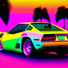 Neon-colored classic car art with palm tree backdrop