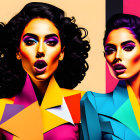 Stylized female figures with vibrant makeup and geometric clothing on pink and orange backdrop