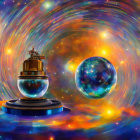 Digital art: Figure on pedestal amid cosmic colors and glowing orb