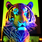 Multicolored neon tiger face on building with people silhouettes