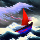 Red sail sailboat navigating turbulent blue waves under dramatic sky