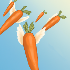 Carrots with wings flying in the sky with clouds