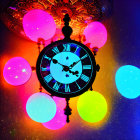 Vintage clock on vibrant bokeh background