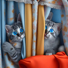 Four Blue-Eyed Kittens Curiously Peeking from Floral Curtain