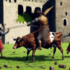 Medieval jousting scene with knights in golden armor and cow - humorous twist