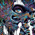 Colorful abstract art: stylized female face with intricate patterns and prominent eye in vibrant swirls.