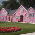 Colorful illustration: Pink cottage in lush garden with blooming flowers