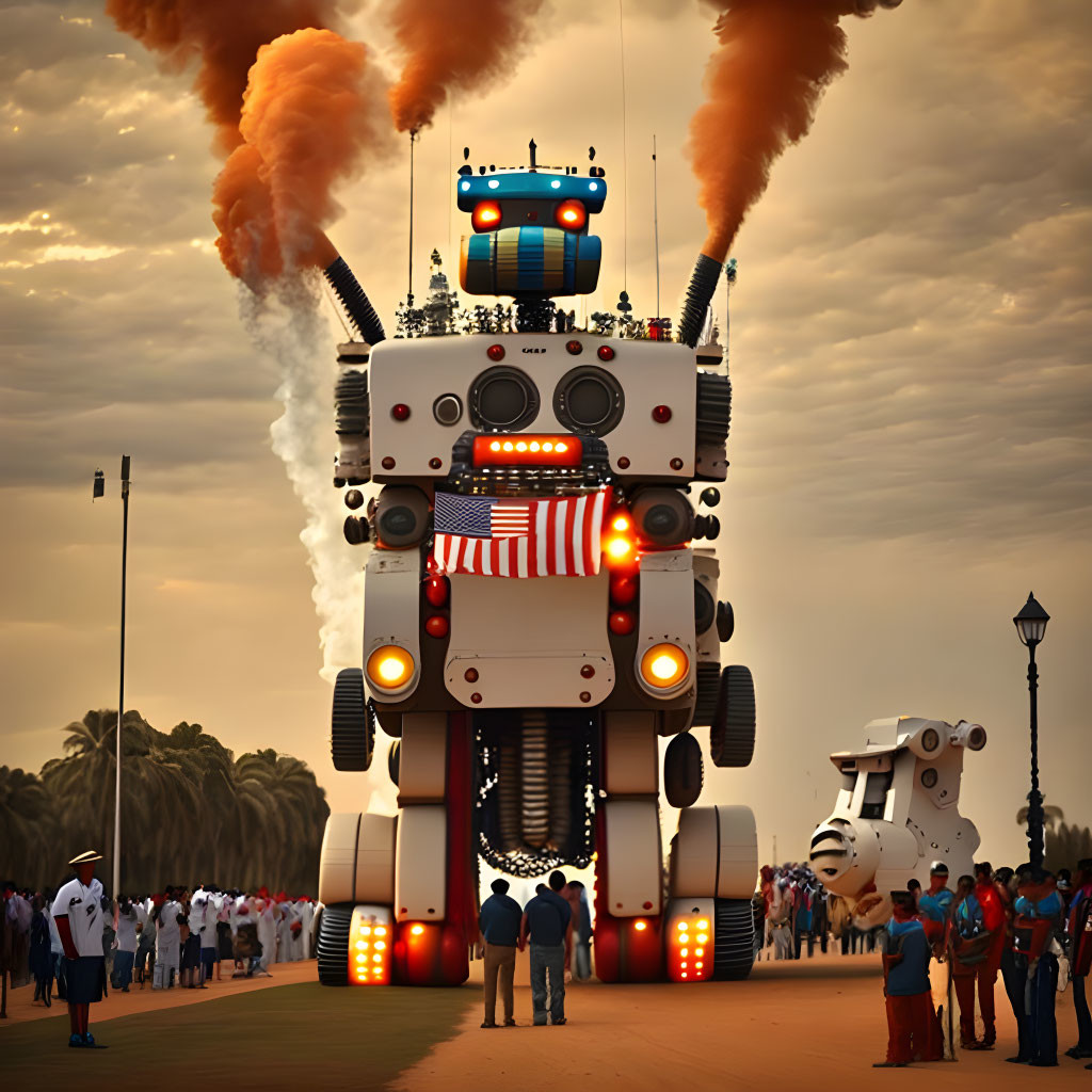 Giant American flag robot emits orange smoke in parade with onlookers under dusky sky