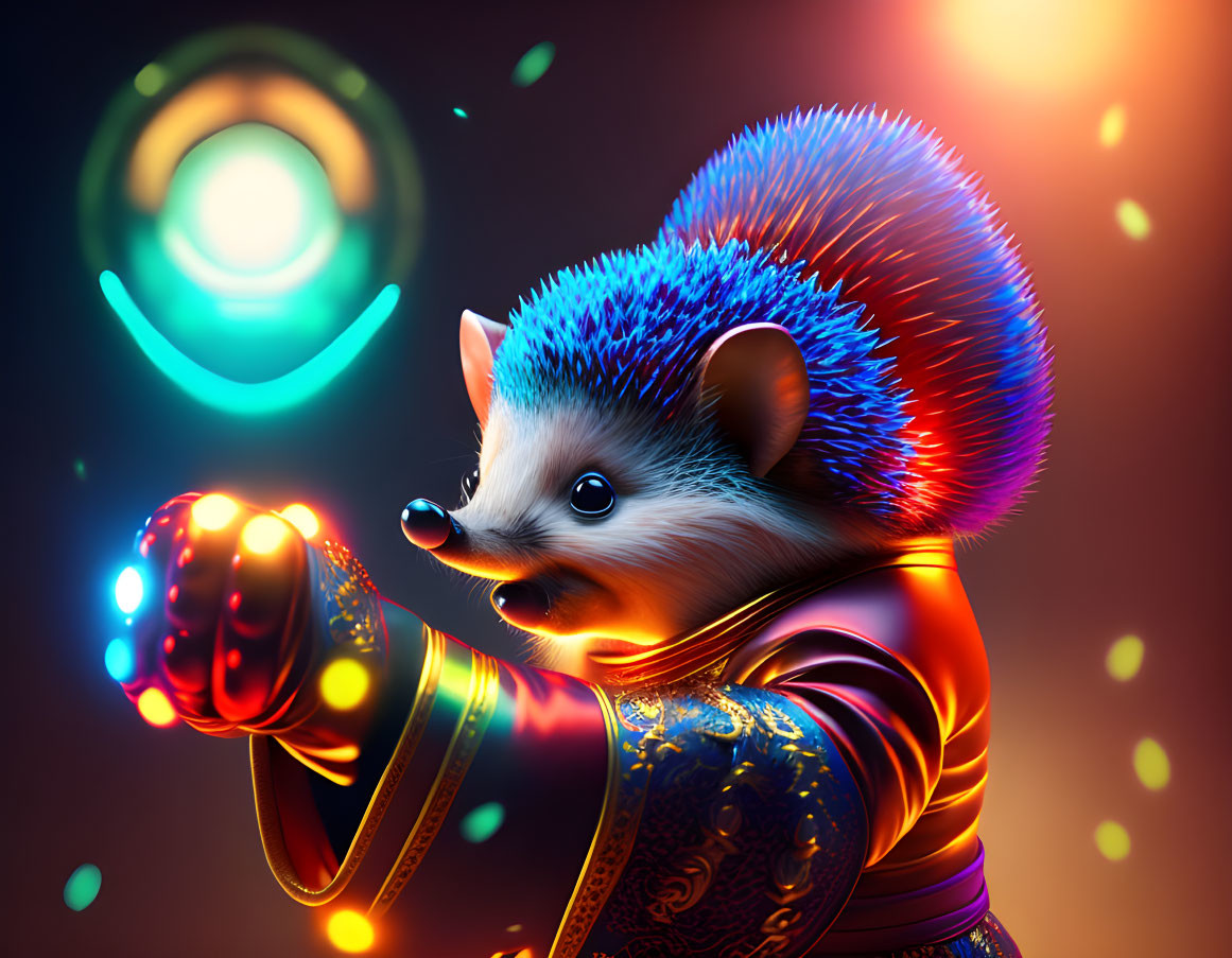 Colorful animated hedgehog in ornate jacket holding glowing orb.