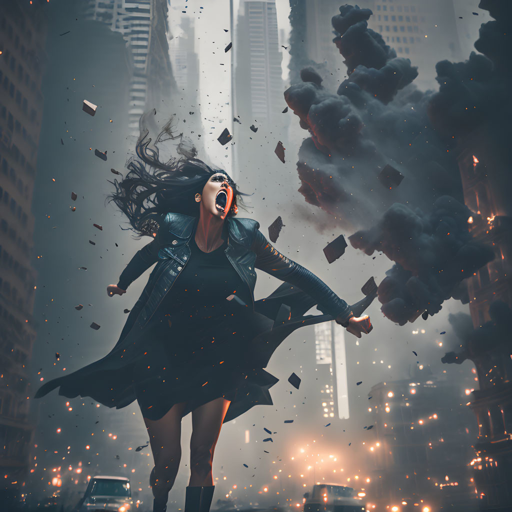 Woman in black outfit screams in chaotic cityscape with exploding buildings.