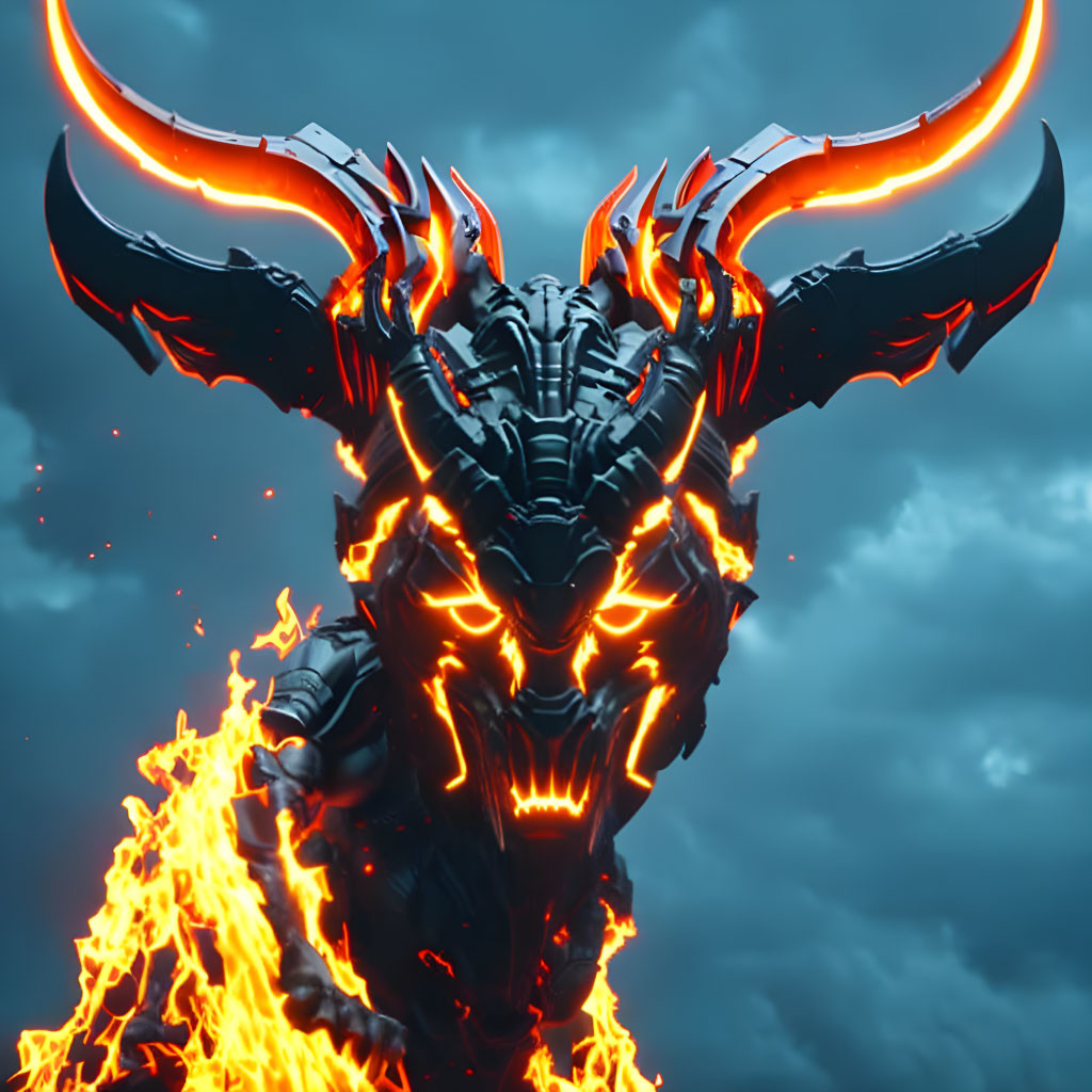 Fiery demonic figure with red eyes engulfed in flames on stormy backdrop