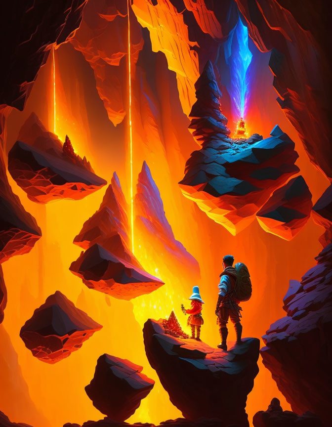 Travelers admire fantastical cave with lava, floating rocks, and blue crystal.