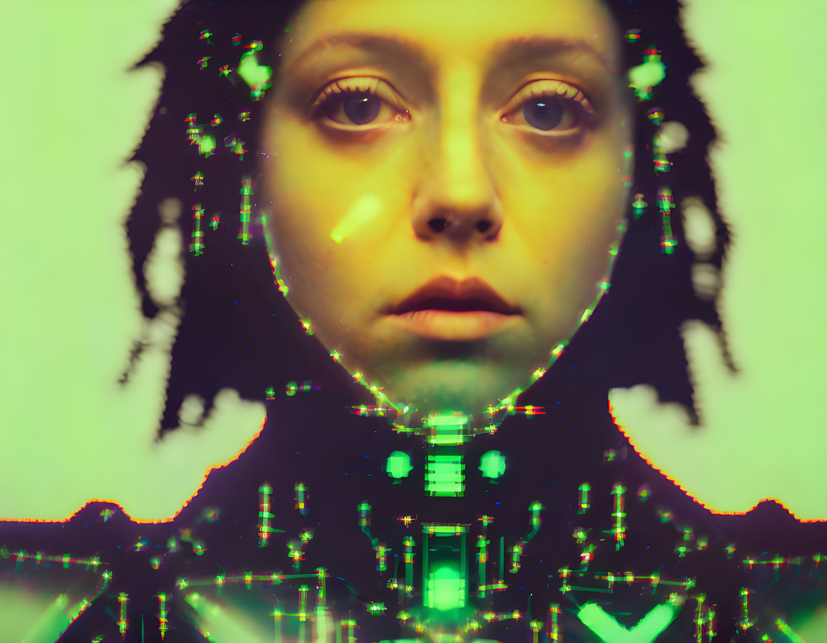 Double-exposure digital art portrait blending contemplative face with neon cityscape.