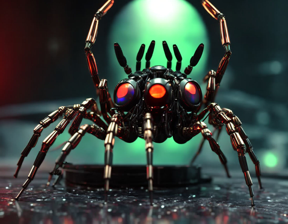 Metallic spider-like robot with red glowing eyes on reflective surface, green light background