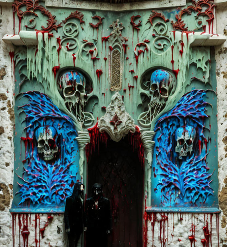 Blue-winged skull motif ornate door with red dripping details for a haunting and gothic aesthetic