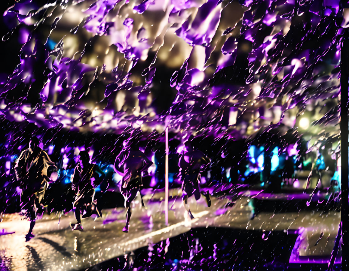 Colorful night lights reflecting on people walking through water splash, creating dynamic effect