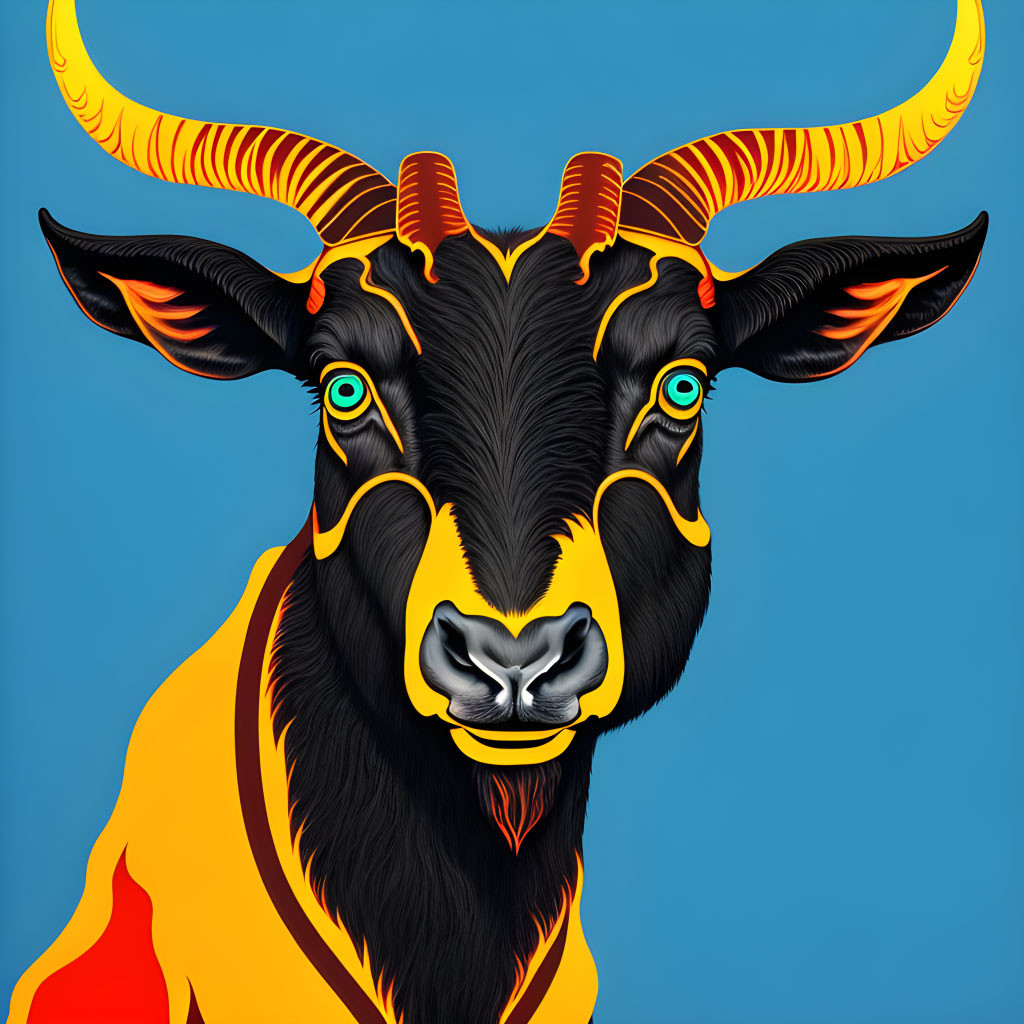 Colorful Bull Illustration with Orange Horns on Blue Background