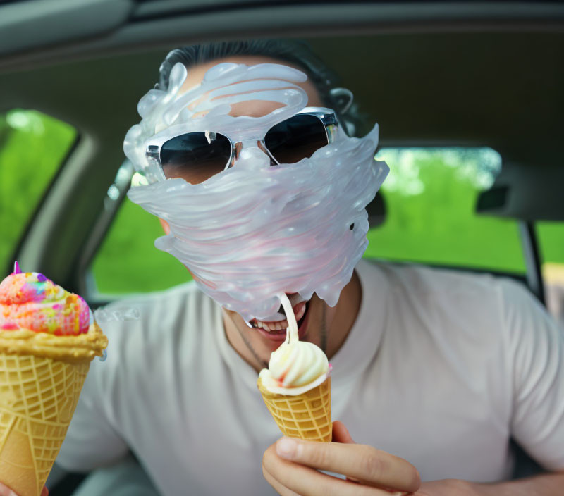 Person in car with face covered by soft serve ice cream holding ice cream cones