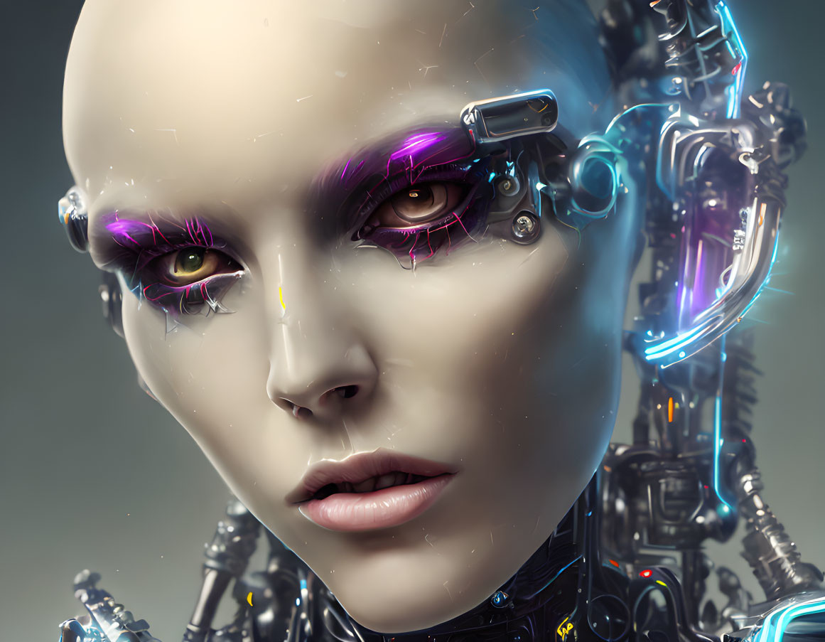 Female humanoid robot with vibrant purple eye makeup and yellow highlights