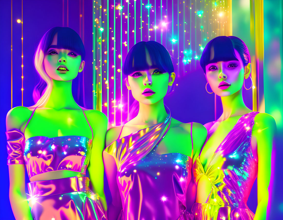 Vibrant neon lighting on stylized women in futuristic attire