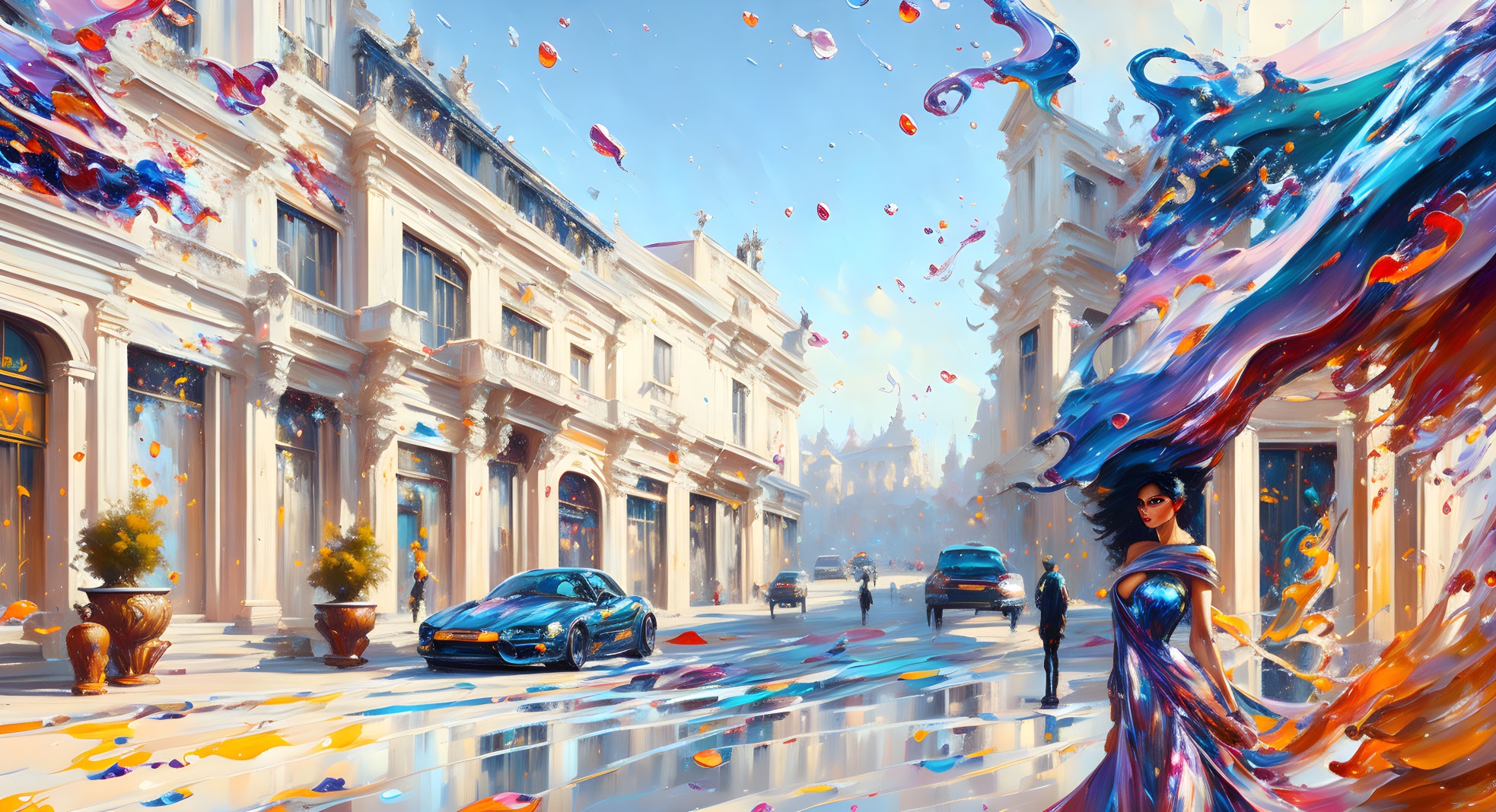 Colorful city street scene with dynamic splashes around a stylish figure