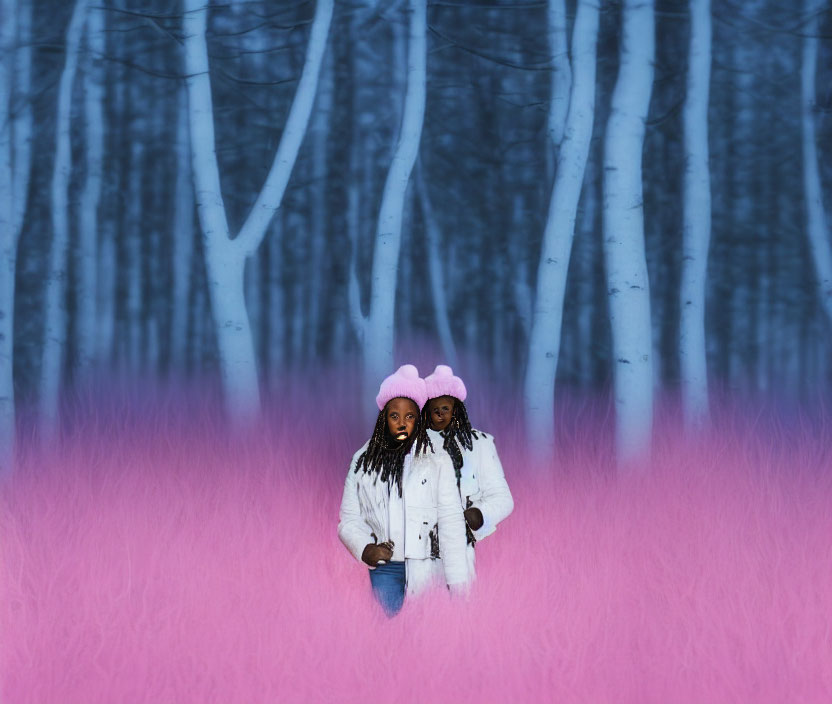 Two people in pink hats in pink grass field with blue forest background