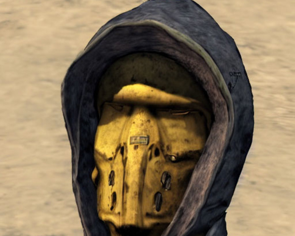 Hooded figure with yellow distressed mask in desolate landscape